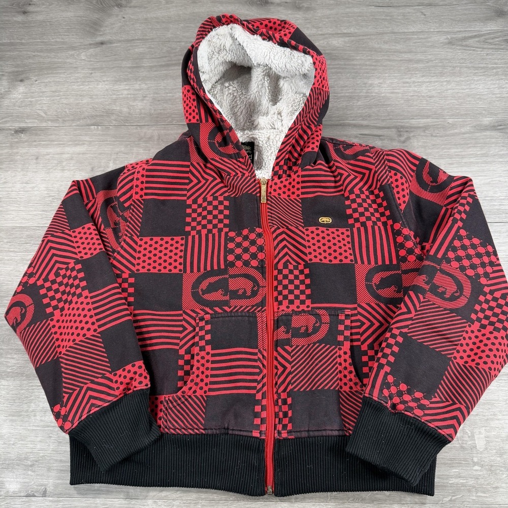 Ecko Red Jacket Womens XL Red Black Sherpa Lined Hoodie Fleece Y2K Zip AOP